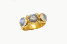 Load image into Gallery viewer, 24 Karat Gold Ring with Triple Moonstone and Diamonds