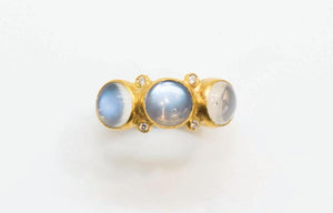 24 Karat Gold Ring with Triple Moonstone and Diamonds