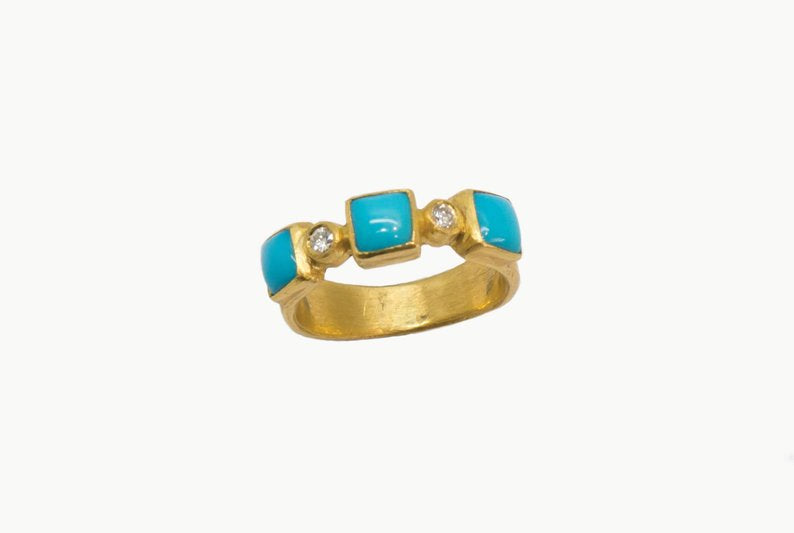 24 Karat Gold Band Ring with Turquoise and Diamonds