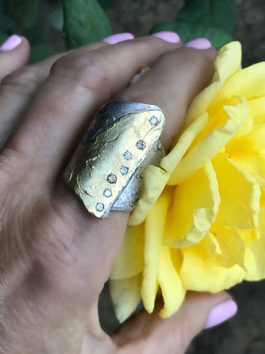 Silver and 18 Karat Gold Folded Over Ring with Diamonds