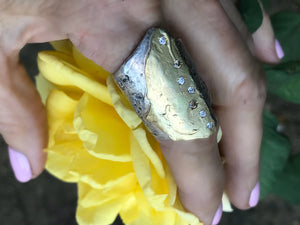 Silver and 18 Karat Gold Folded Over Ring with Diamonds