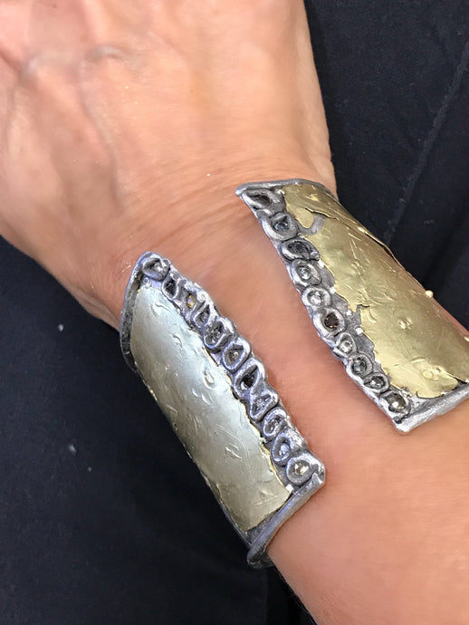 18 karat gold, Silver, color sapphires , diamonds  cuff bracelet
