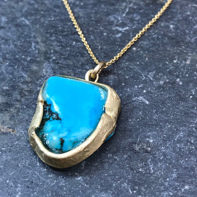 14K Yellow Gold Turquoise Pendant Necklace with 16'' Chain