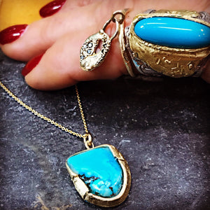 14K Yellow Gold Turquoise Pendant Necklace with 16'' Chain