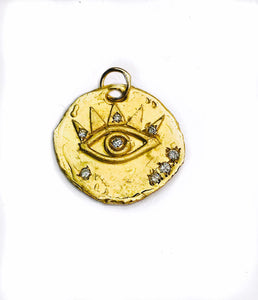 14K Yellow Gold Evil Eye Charm Pendant with a Single Diamond