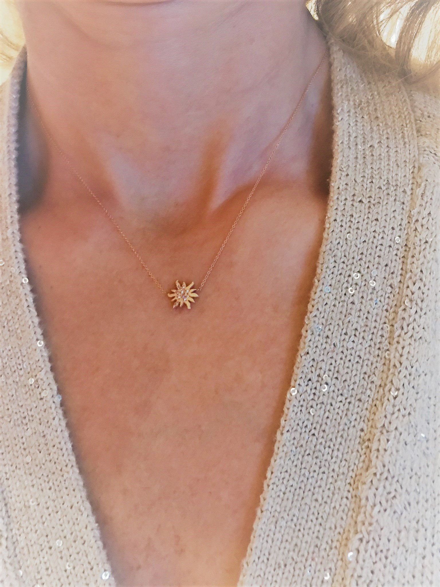 14 Karat Rose Gold Sun Handmade Pendant Necklace with Diamonds