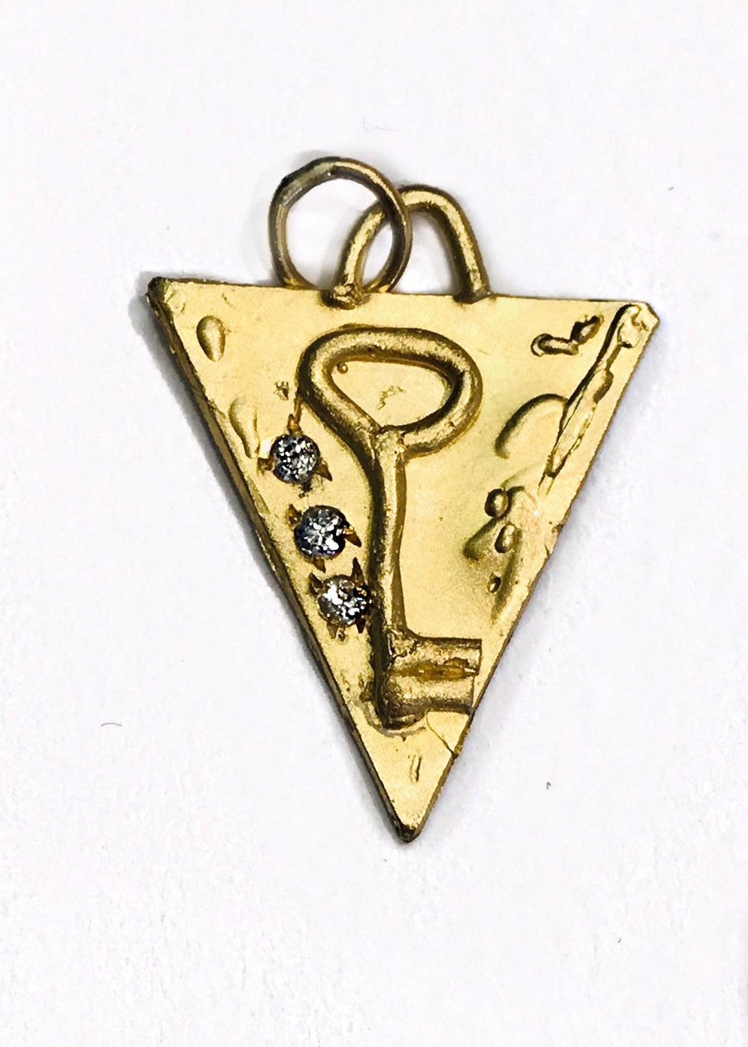 14K Yellow Gold Triangle Key Charm Pendant with a Single Diamond