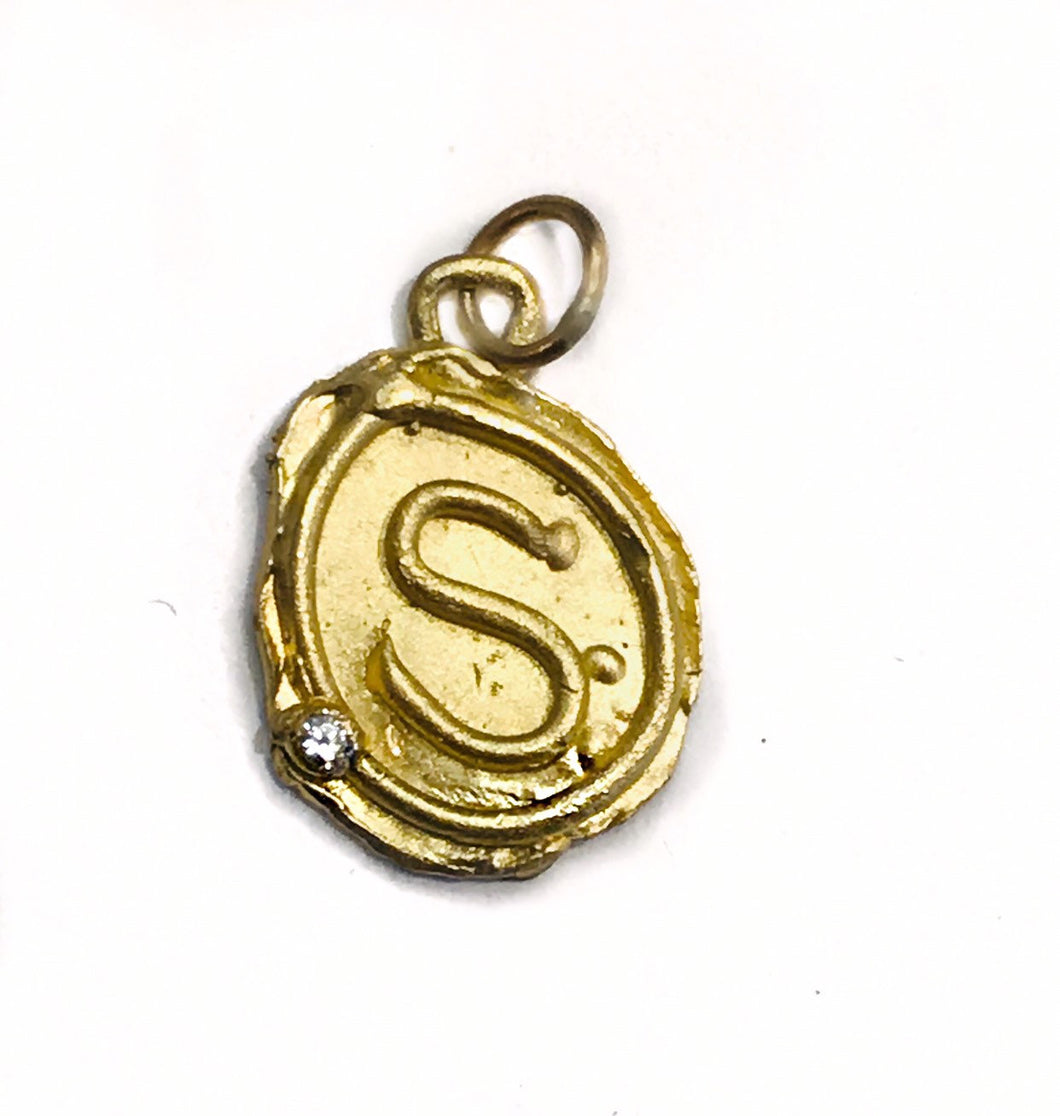 14K Yellow Gold Initial S Charm Pendant Necklace with a Single Diamond