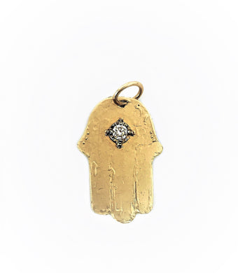 14K Yellow Gold Hamsa Charm Pendant with a Single Diamond