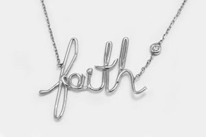 Stwrling silver   Handmade Necklace - "Faith" Women's Handmade Necklace with Words in Sterling Silver w/CZ and 16" Long Chain - Unique Handm