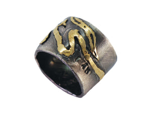 14 karat yelkow gold and oxidized dilver two tone wide band