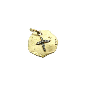 14K Gold Rhodium Plated Round Cross Charm Pendant with Diamonds in Pave Setting