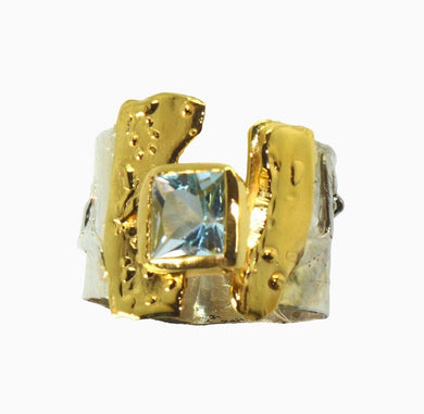 Silver and 14 Karat Gold Ring with Aquamarine
