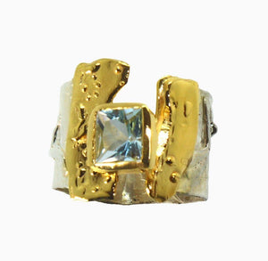 Silver and 14 Karat Gold Ring with Aquamarine